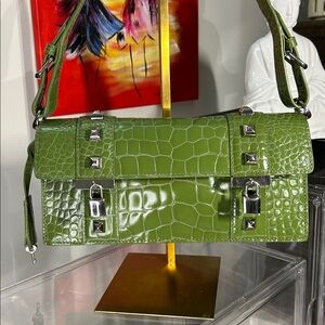 Cynthia Rowley Patent Green Croc-Embossed Shoulder Bag Silver Hardware EUC